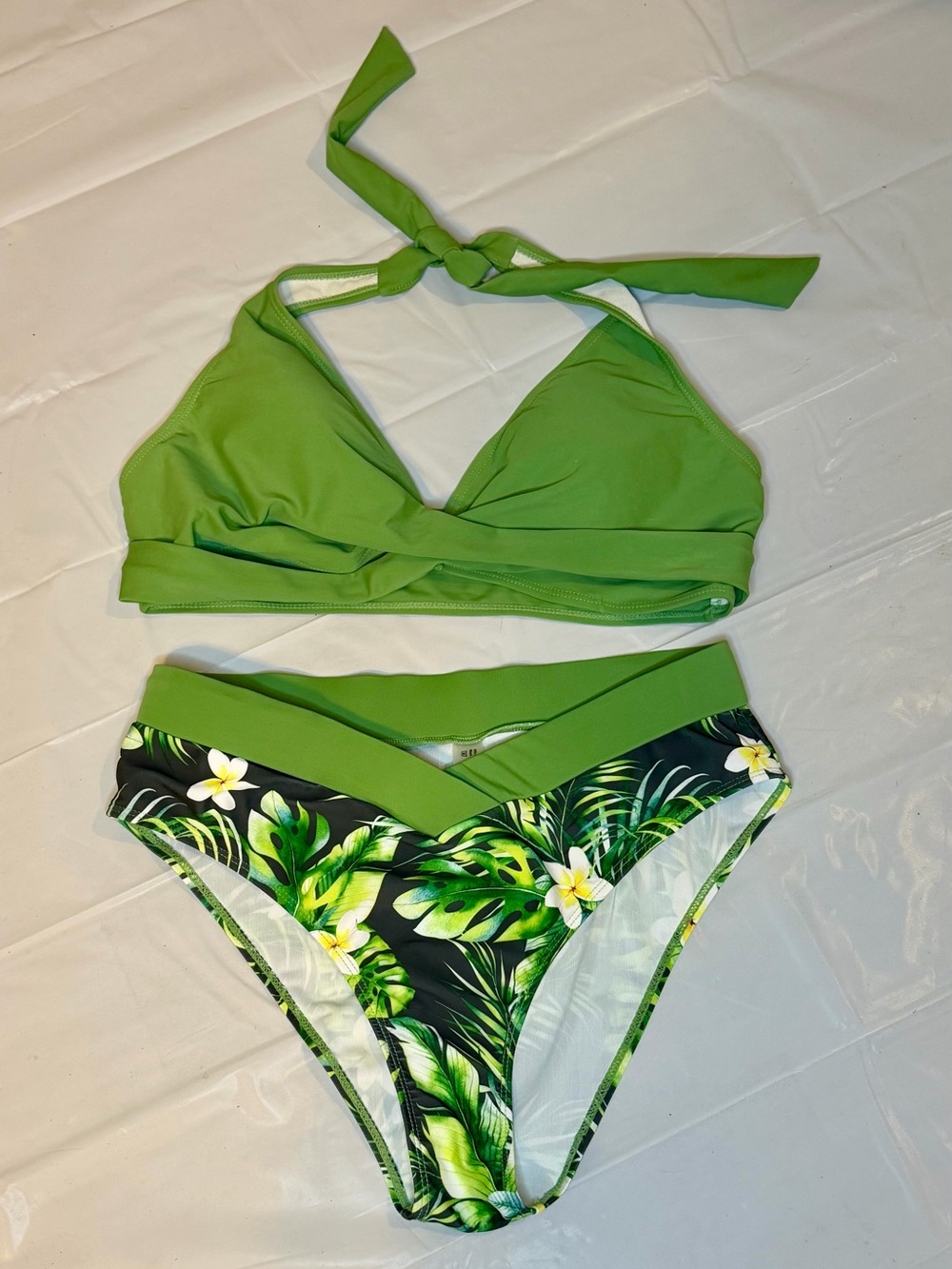 Green Halter Bikini Set with Tropical Print Bottom